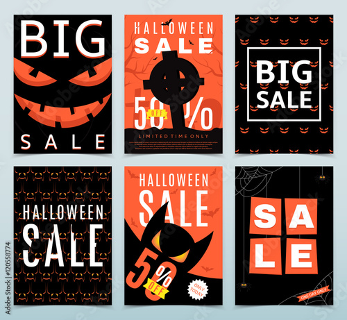 Set of posters for Halloween sale. Vector illustration. Collection of orange and black flyers isolated on light background. Halloween greeting cards.