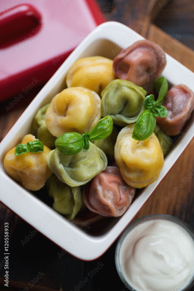 Close-up of three color meat dumplings, selective focus Close-up of three color meat dumplings, selective focus