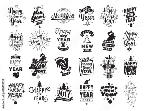 Happy New Year typographic emblems set.