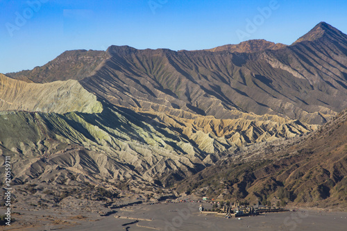 Layer Volcanic ash as sand ground of Mount Bromo volcano the magnificent view of Mt. Bromo located in Bromo Tengger Semeru National Park, East Java, Indonesia.