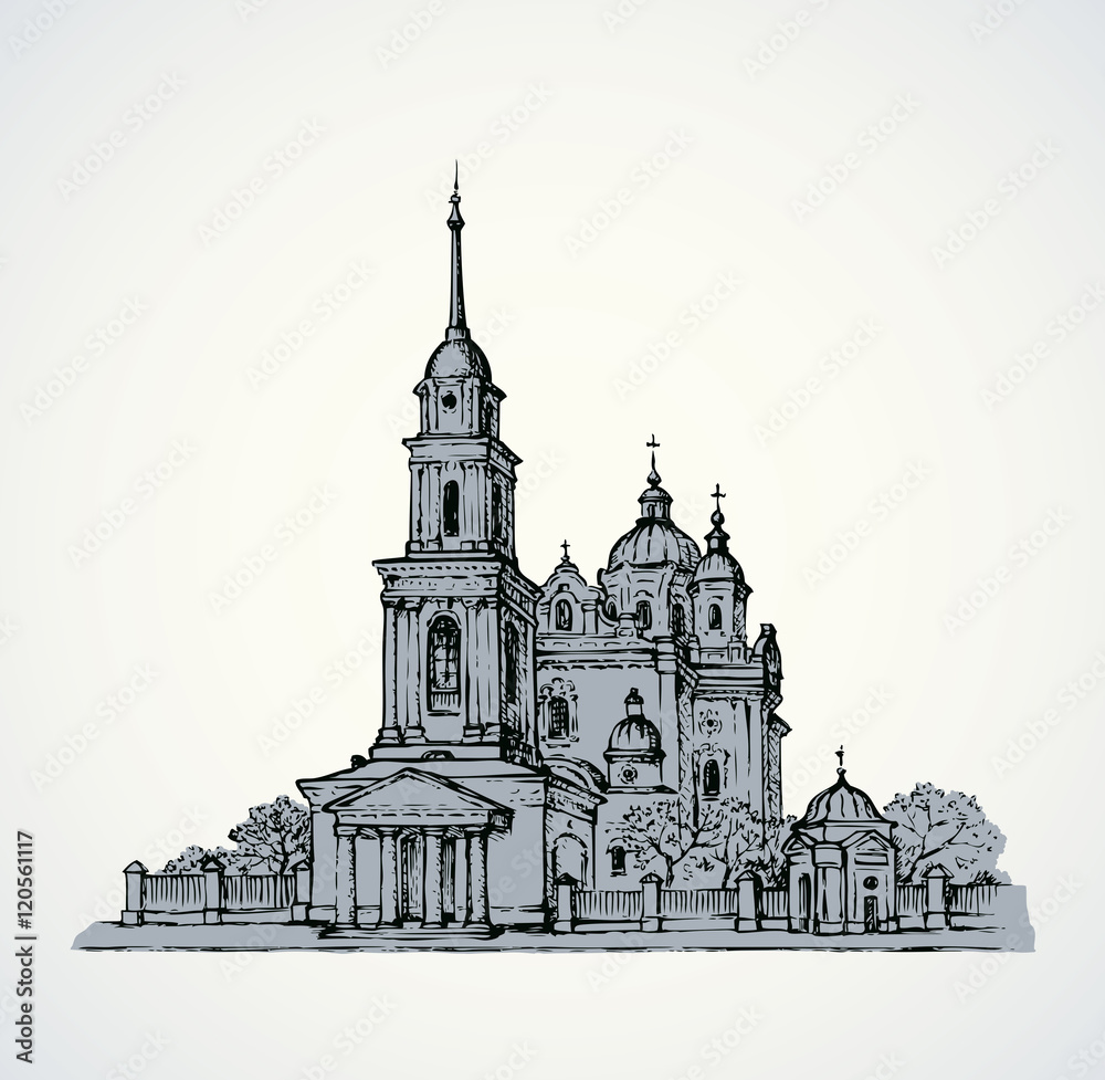 Dormition Cathedral, Poltava, Ukraine. Vector sketch