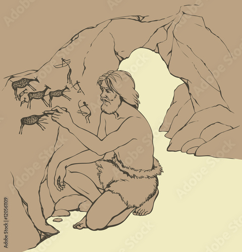 Vector picture. Primitive man draws on stone wall of cave