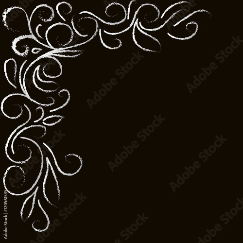 white abstract floral corner on a black background,  in the style of line of chalk on a blackboard. Hand drawn vector stock illustration