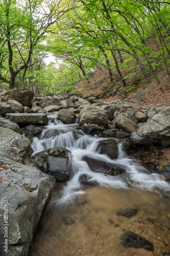 Rocky river at a forest next to the Beomeosa Temple in Busan, South Korea. Viewed from the front.