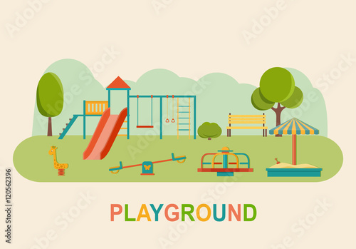 Children playground. Kindergarten playground with swings, slide, toy giraffe, carousel, sandbox. Flat vector illustration photo