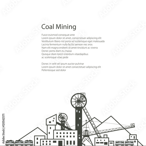 MIne, Complex Industrial Facilities with Spoil Tip and with Rail Cars, Coal Industry, Poster Brochure Flyer Design, Vector Illustration