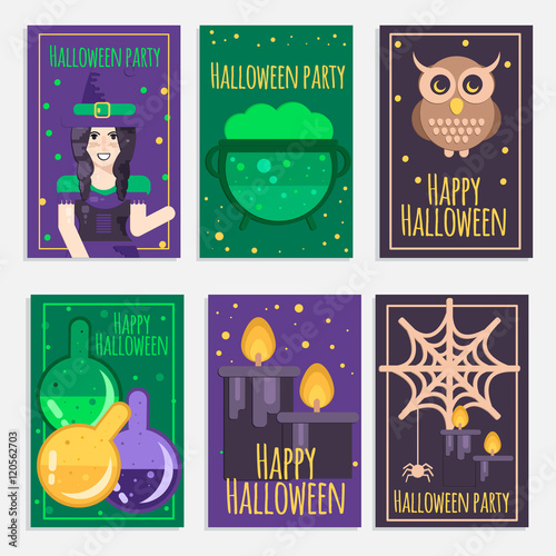 Halloween party banners, cards and posters in flat style. Vector halloween witch and magic concept cards for web, mobile,  party invitations, sale, advertising.