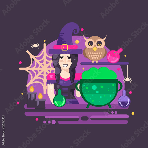 Witches cauldron halloween composition. Halloween poster with witch, owl, cauldron, magic potions, candles and spider web.