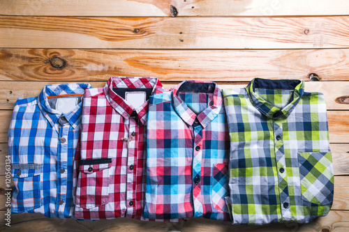 shirts plaid in plan with wooden background