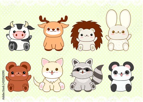 Set of cute baby animals in kawaii style
