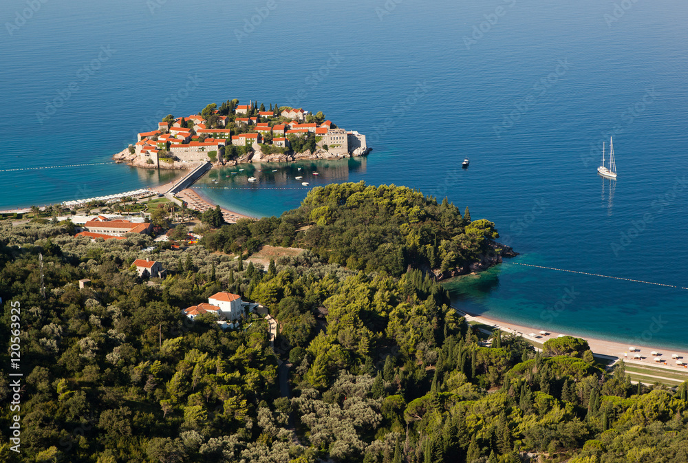 The view of Sveti Stefan from the hill, Montenegro.