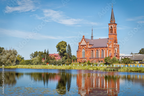 Catholic Church by the lake.Postavy.Belarus.