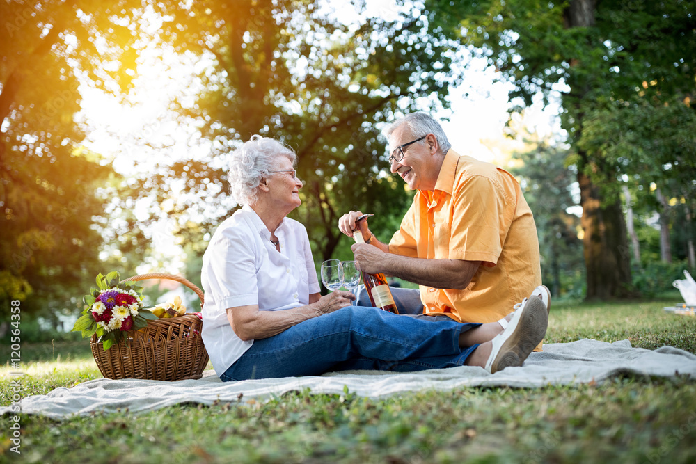 Happy senior couple celebrates anniversary in park Happy senior couple celebrates anniversary in park