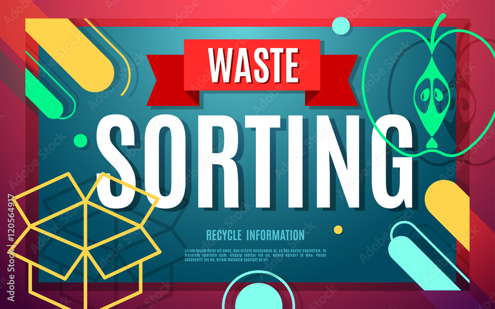 Garbage sorting flat poster with symbols and text