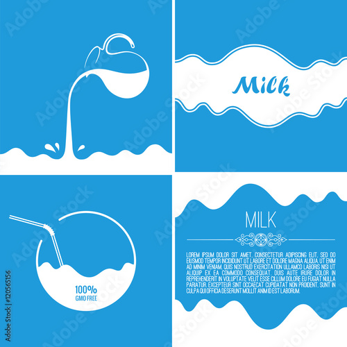 Milk flows from jug. Spray drops and white wave on blue background