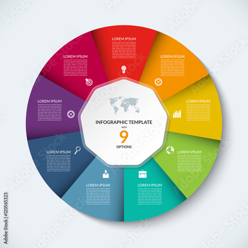 Vector infographic circle template. Business concept with 9 steps, parts, options. Round banner with the set of marketing icons and design elements. Can be used for cycle diagram, chart, graph, report