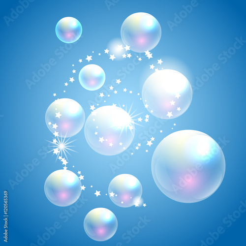 Vector soap bubbles blue background. Transparent bubbles for advert and washing powder package design.