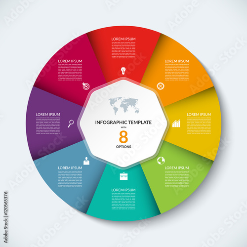 Vector infographic circle template. Business concept with 8 steps, parts, options. Round banner with the set of marketing icons and design elements. Can be used for cycle diagram, chart, graph, report