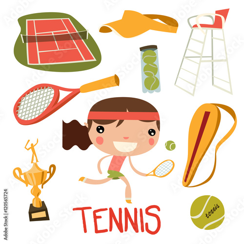 cute tennis kid set. girl playing tennis. tennis equipment vector set. photo