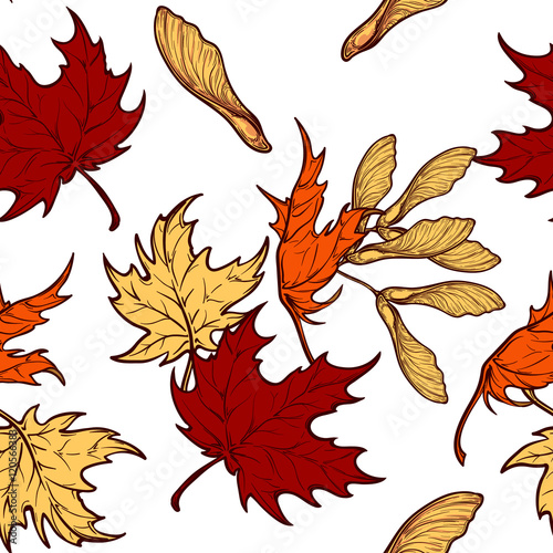 Autumn maple leaves and seeds seamless pattern