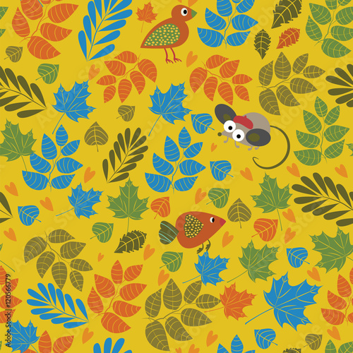 Colorful autumn leaves with birds background back to school fore