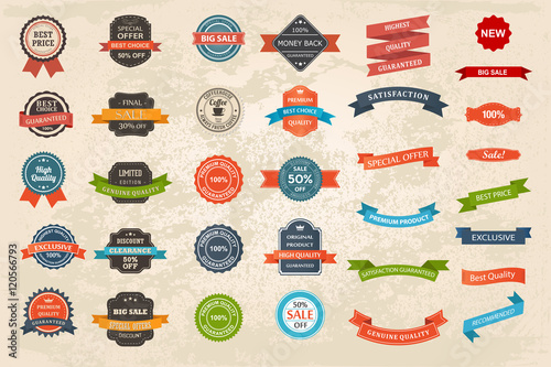 Set of vintage Labels, Ribbons, Sticker and Badges design elements.