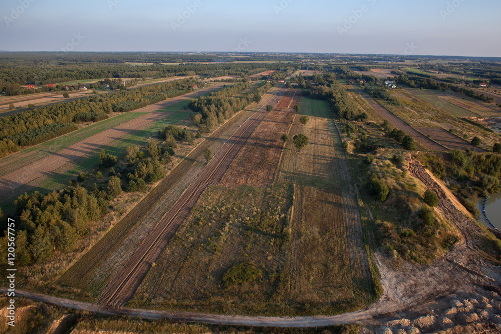 aerial of fields in summer colors
