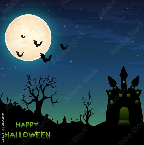 Halloween night background with castle and bats