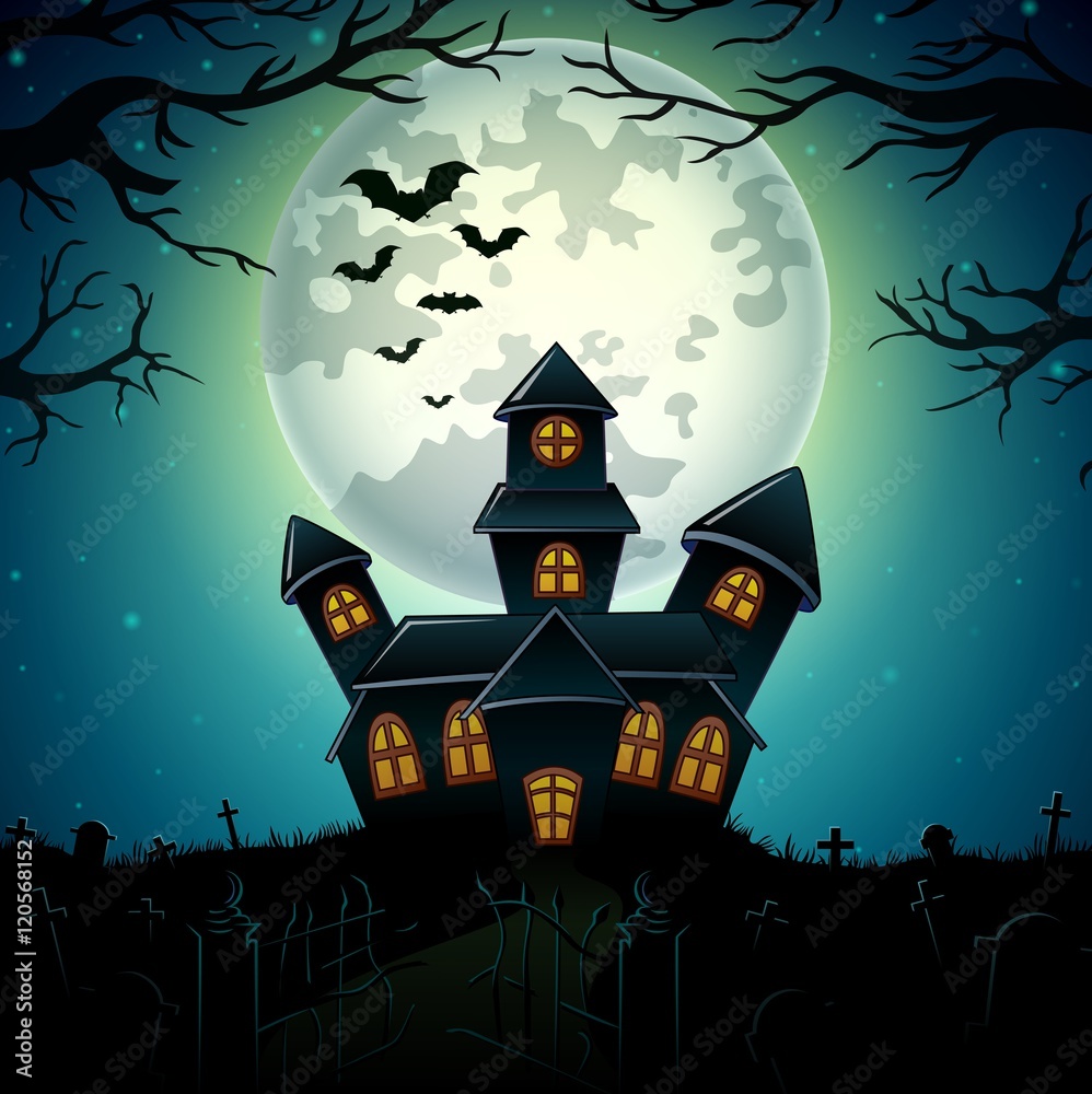 Halloween night background with castle in graveyard