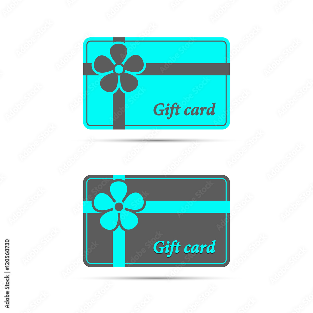 Colored blue gift card illustration with ribbon and flower. Gift card