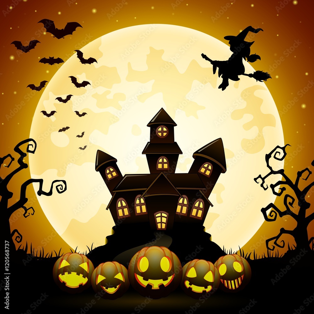Halloween night background with pumpkins, witch flying, haunted castle and full moon