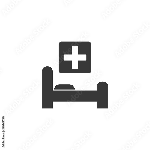Black flat hospital icon. Illustration of simple hospital bed and medicine cross. Vector isolated illustration.