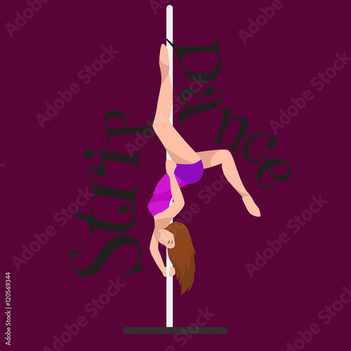 Female Pole dancer, woman dancing on pylon, sexy strip girl dancer, yong stripper, sport dance, isolated on colored background pretty woman body, beautiful slim girl long hair vector illustration
