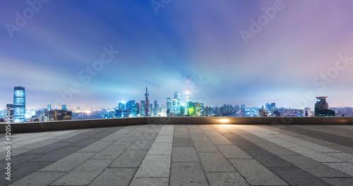 Photography cityscape and skyline of shanghai from empty brick floor