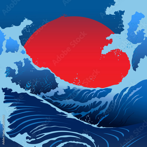 Blue Waves And Red Sun In The Japanese Style