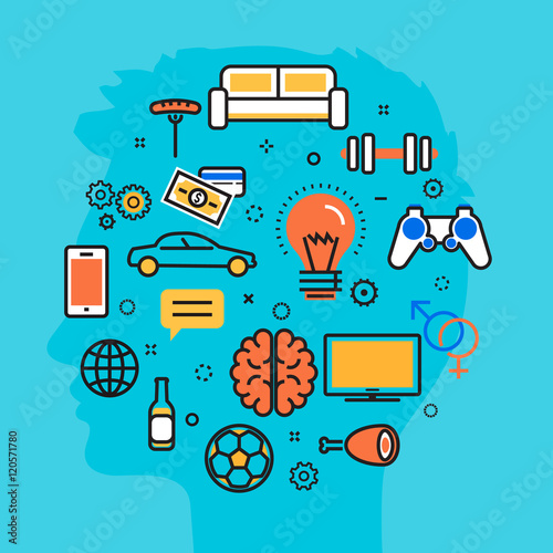 Flat line vector illustration design blue background of men thought process wanted, dream, idea, desire, wish, habits, stereotypes, favorite interests. Website blog banner, infographic elements