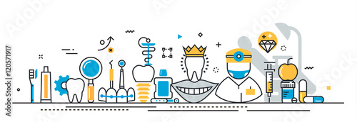 Flat line vector design concept of stomatology and dentist, dental clinic, medicine expertise presentation template for website banner linear and landing page header, timeline, cover, infographics