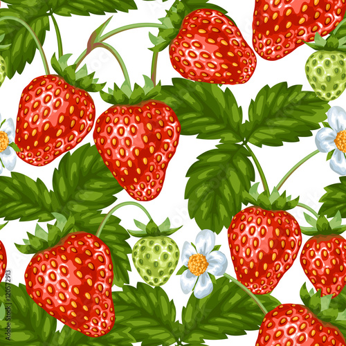 Seamless pattern with red strawberries. Decorative berries and leaves