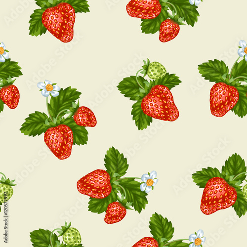 Seamless pattern with red strawberries. Decorative berries and leaves