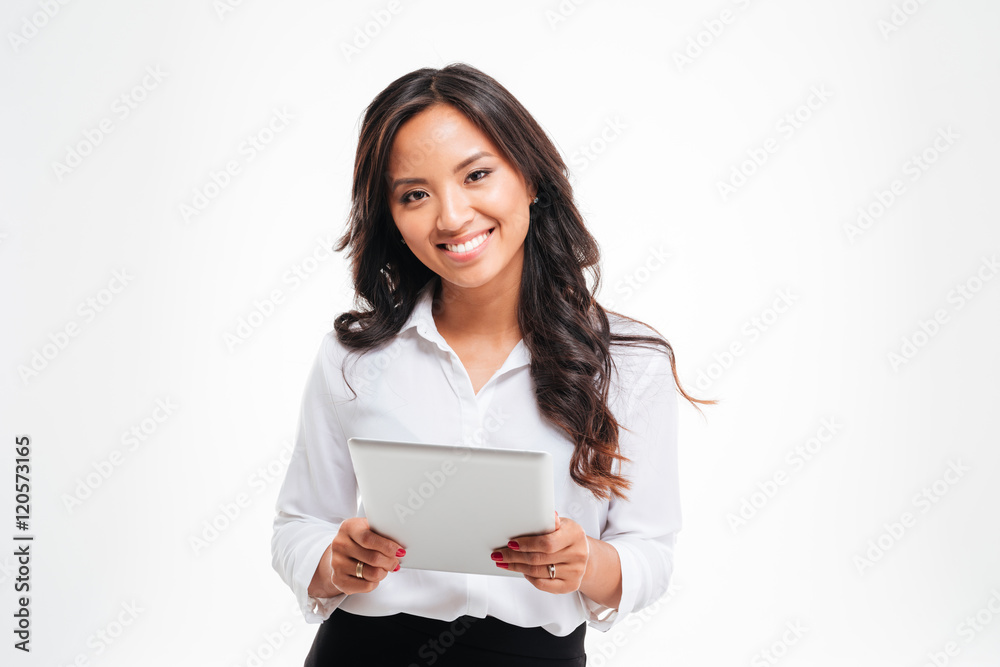 Smiling happpy asian businesswoman holding tablet computer Smiling happpy asian businesswoman holding tablet computer