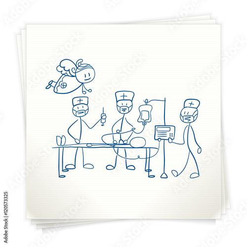 Medical operation doodle. Doctors and guardian angel helping the patient. Hand-drawn illustration. Sketch on note paper.