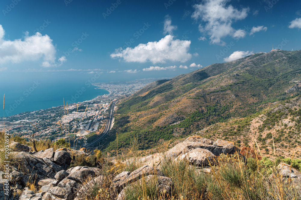 Sunny view of Costa del Sol from the top of Calamorro mountain, Andalusia province, Spain.