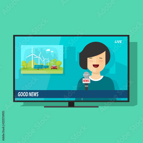 Good TV news vector illustration, flat cartoon television news studio with happy smiling woman reporter broadcasting good news