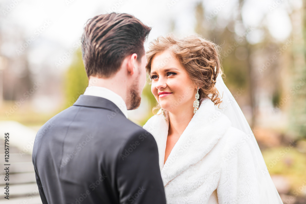 Lovers bride and groom in winter day Lovers bride and groom in winter day