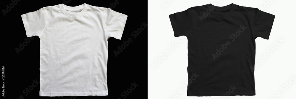 Black cotton t-shirt on a white background. 
White cotton T-shirt on a black background - obrazy, fototapety, plakaty 