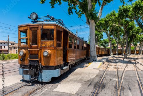 Historic electric train at Soller Trainstation, Mallorca, Balearic Islands, Spain. It operates between capital Palma de Mallorca and Soller and is an important tourist attraction nowadays.
