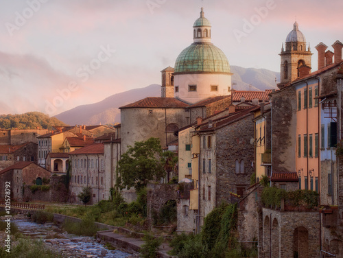 Red sunset over Pontremoli, Italy. North Tuscan town in Lunigiana.