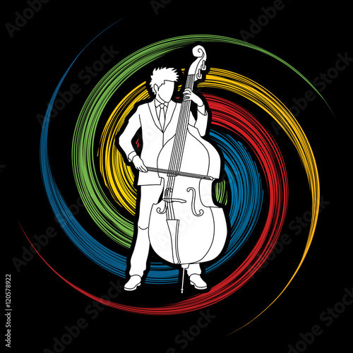 Double bass player designed on spin wheel background graphic vector.