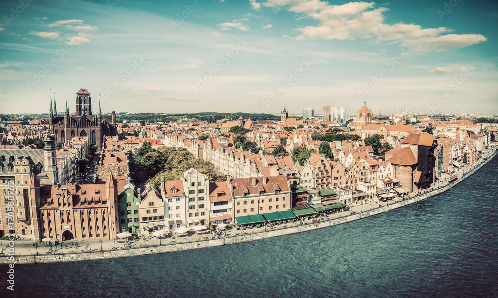 Panorama of Gdansk old town and Motlawa river in Poland. Vintage