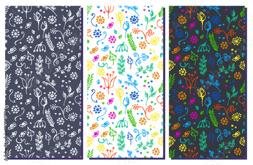 Set of seamless vector floral patterns. Hand drawn backgrounds with flowers, leaves, insect, fruits, decorative element. Graphic illustration. Series - set of vector seamless patterns.